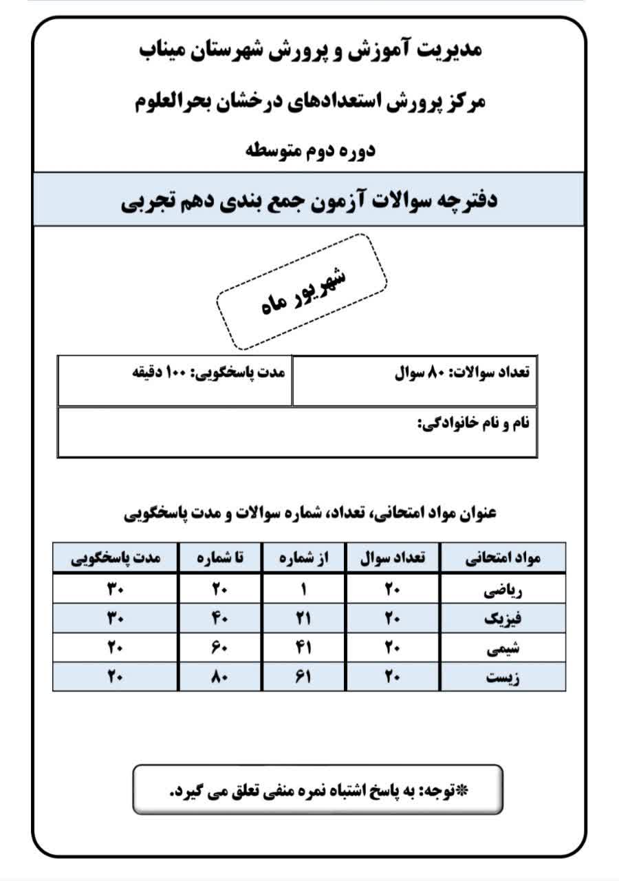 نتایج آزمون جمع بندی پایه دهم